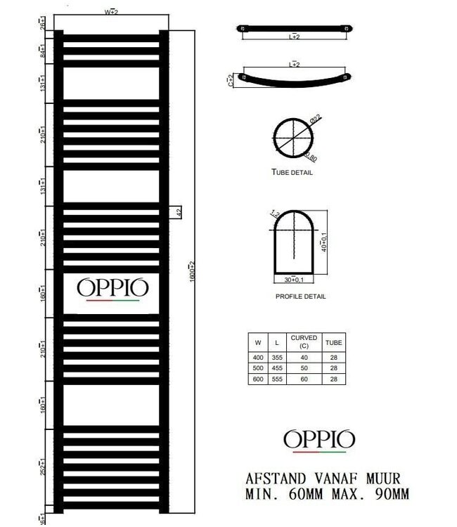  Outlet #227 - 180x60 cm - 1214 Watt - Oppio Handdoekradiator - Mat Zwart (Ral 9005)