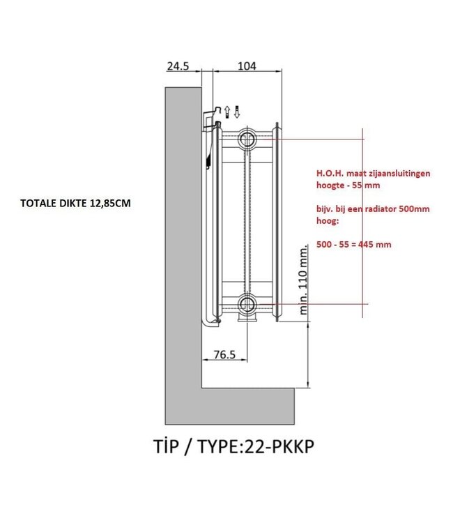  40x80 cm Type 22 - 1248 Watt - ECA Paneelradiator met 8 aansluitingen - vlakke voorzijde - Zwart (RAL 9005)
