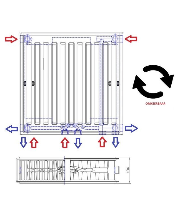  50x120 cm Type 22 8+ Hybride - 2575 Watt - ECA radiateur à panneaux avec 8 raccords - face avant rainurée - Blanc
