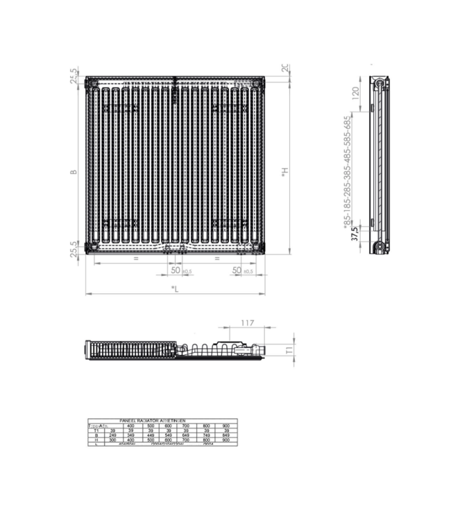  50x160 cm Type 11 8+ Hybride - 1856 Watt - ECA radiateur à panneaux avec 8 raccords - face avant lisse - Noir