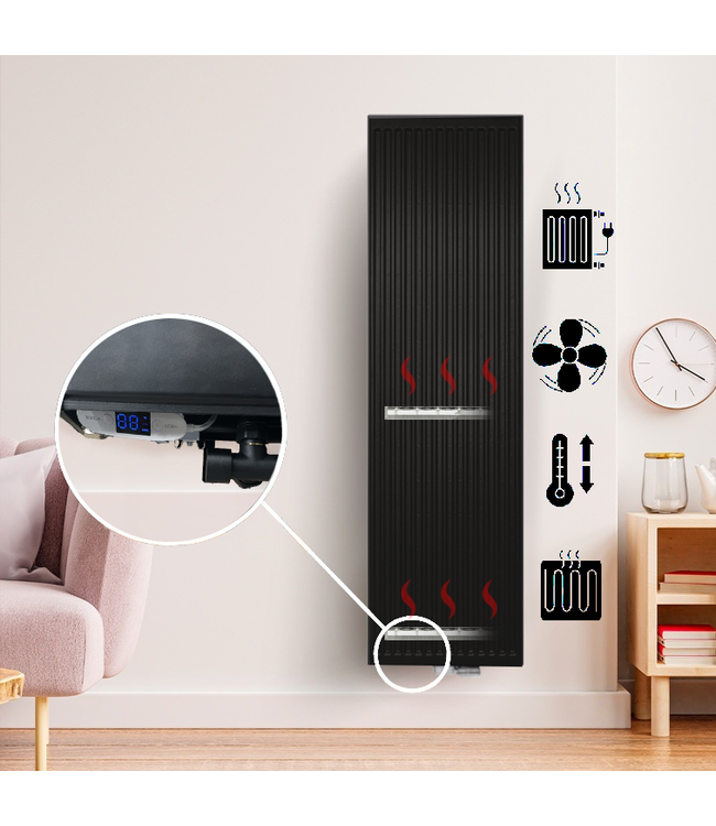  200x70 cm Type 22 - 4544 Watt - ECA Hybrid Radiateur vertical nervuré avant - Noir mat (RAL 9005)