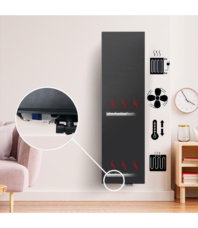  160x50 cm Type 22 - 2616 Watts - ECA Hybrid Radiateur vertical à façade plate - Noir mat (Ral 9005)