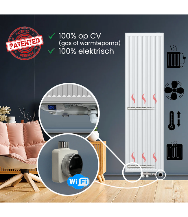  180x60 cm Type 22 - 3438 Watt - Radiateur Vertical Duo Hybride avec fonction Wifi - façade nervurée - Blanc (Ral 9016)