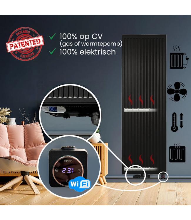  180x60 cm Type 22 - 3438 Watt - Duo Hybride Verticale radiator met Wifi functie - geribbelde voorzijde - Mat Zwart (Ral 9005)