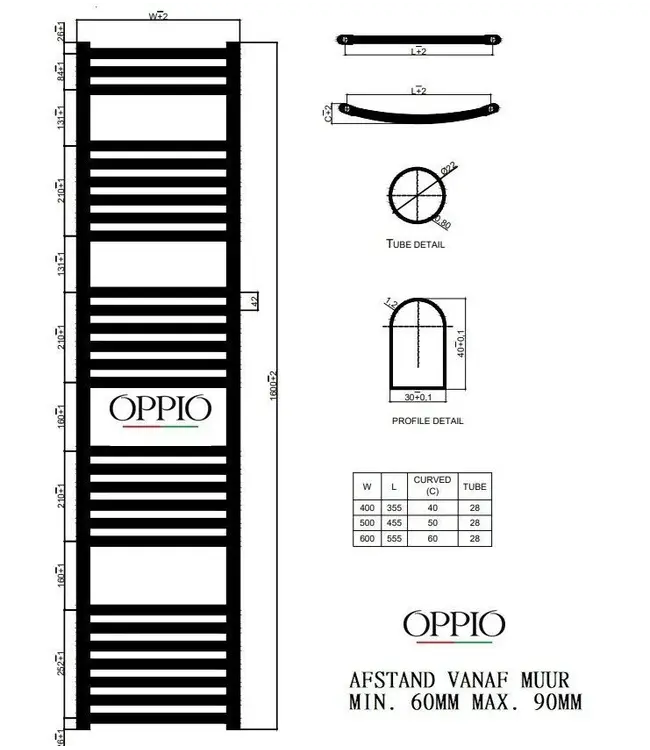  180x50 cm - 1067 Watt - Oppio Handdoekradiator - Mat Zwart (Ral 9005)