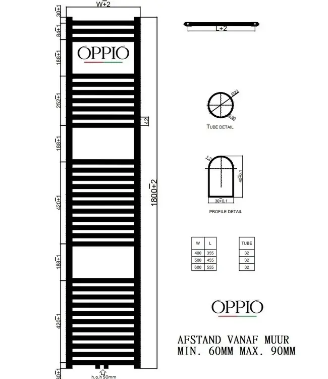  180x60 cm - Oppio ECO Digital Chroom elektrische handdoekradiator