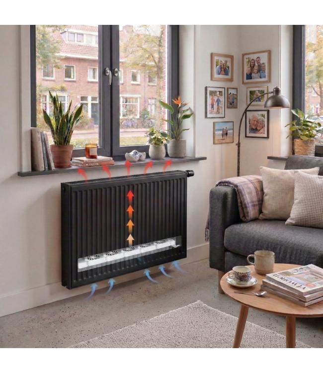  50x200 cm Type 11 - 2320 Watt - ECA Hybride 8+ Geribbelde Paneelradiator met ingebouwde boosters - Zwart