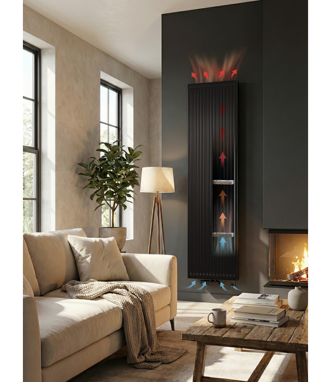  200x60 cm Type 22 - 3739 Watt - Radiateur Vertical Duo Hybride avec fonction Wifi - façade nervurée - Noir Mat (Ral 9005)