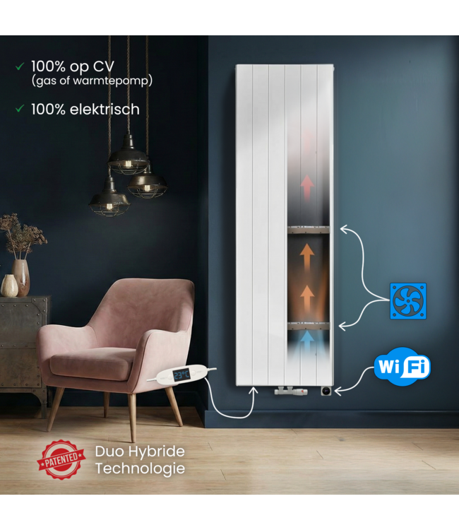  180x60 cm Type 22 - 3438 Watt - Duo Hybride Verticale radiator met Wifi functie - gegroefde voorzijde - Wit (Ral 9016)