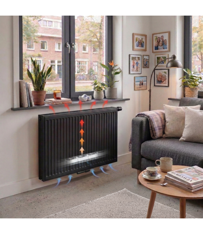  90x60 cm Type 22 - 2024 Watt - ECA Hybride 8+ Geribbelde Paneelradiator met ingebouwde boosters - Zwart