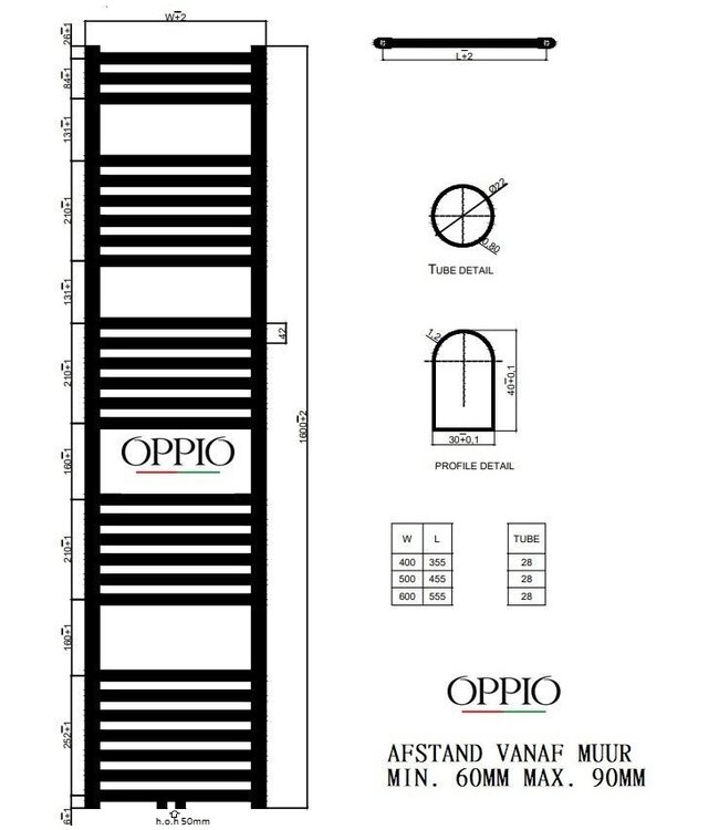  160x60 cm - Sèche-serviettes hybride E-Basic Oppio blanc (RAL 9016) 1072W