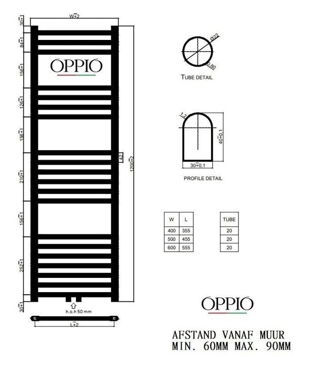  120x40 cm - Hybride handdoekradiator Eco WiFi Oppio wit (RAL 9016) 550W