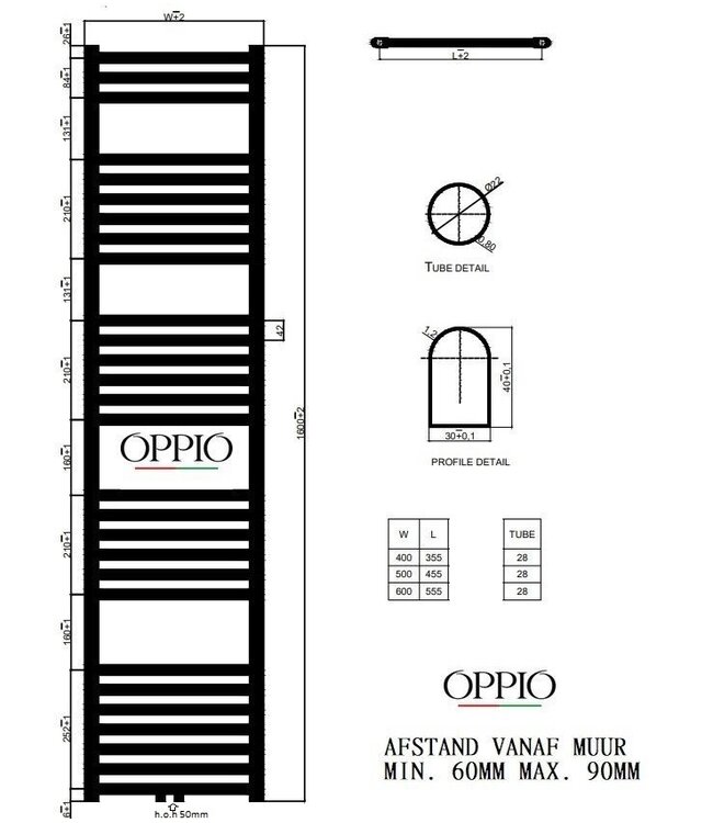  160x40 cm - Hybride handdoekradiator Smart WiFi Oppio wit (RAL 9016) 714W
