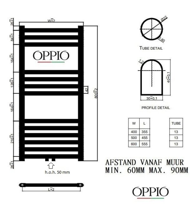  80x50 cm - Sèche-serviettes hybride Smart WiFi Oppio blanc (RAL 9016) 464W