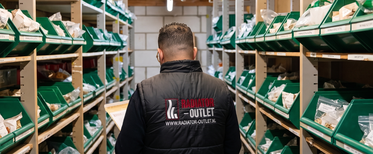 Medewerker van Radiator-Outlet in het magazijn