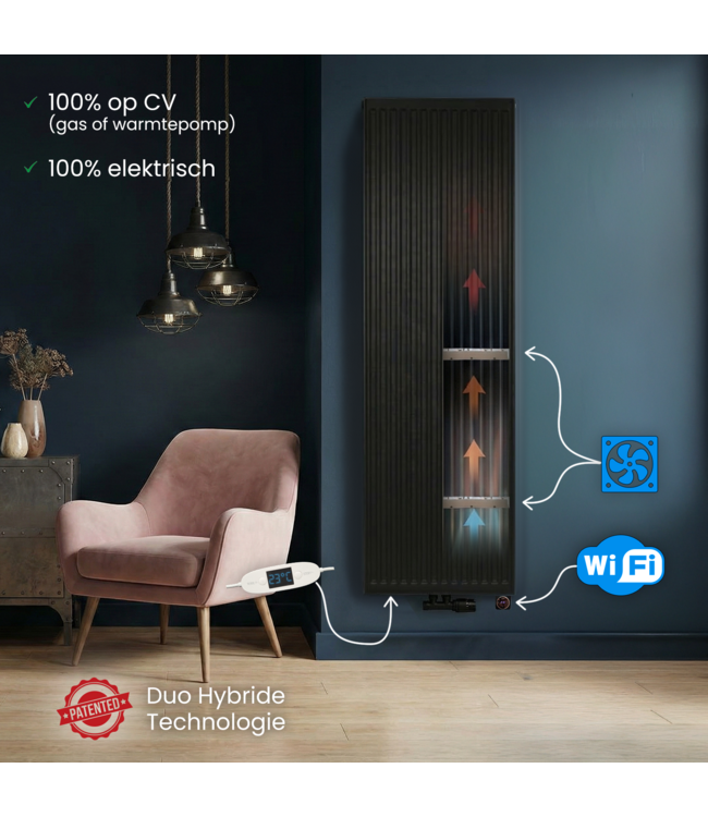  160x50 cm Type 22 - 2616 Watt - Duo Hybride Verticale radiator met Wifi functie - geribbelde voorzijde - Mat Zwart (Ral 9005)