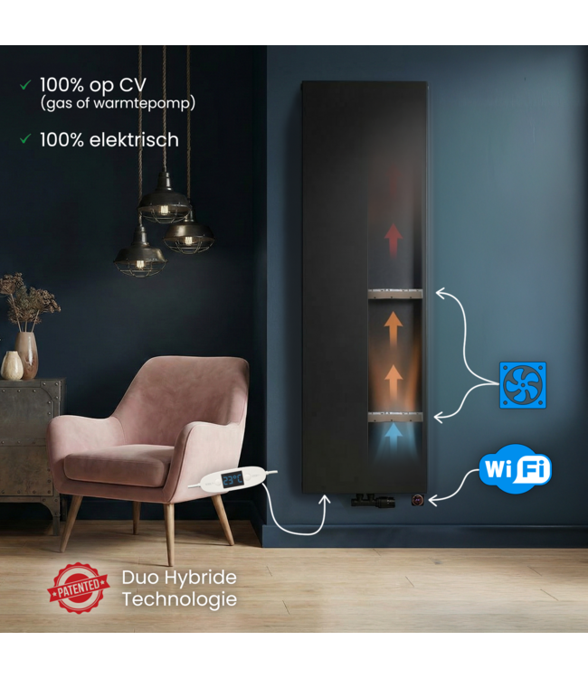  160x50 cm Type 22 - 2616 Watt - Duo Hybride Verticale radiator met Wifi functie - vlakke voorzijde - Mat Zwart (Ral 9005)