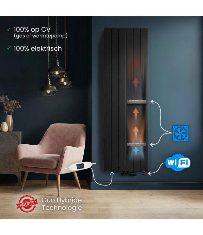  160x50 cm Type 22 - 2616 Watt - Radiateur Vertical Duo Hybride avec fonction Wifi - façade rainurée - Noir Mat (Ral 9005)