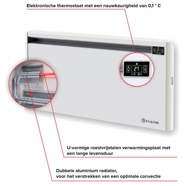 ELDOM Extra Life Elektrische wandconvector, 1,0 kW, met electronische bediening