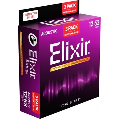 Elixir Snarenset Acoustic Phosphor Bronze - 12-53 - 3-pack