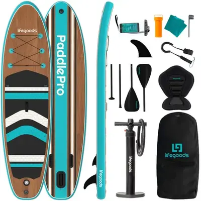LifeGoods Sup Board PaddlePro - 320x81x15 cm - Hout/Blauw