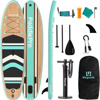 LifeGoods Sup Board PaddlePro - 320x81x15 cm - Hout/Mintgroen