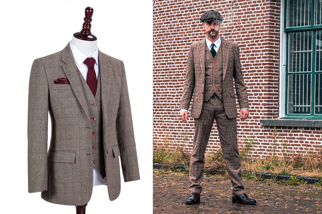 Shelby Brothers collection by Orange Fire 3-delig tweed pak Brown Beige Prince of Wales