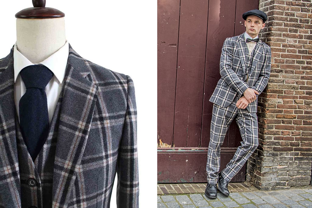 Shelby Brothers collection by Orange Fire 3-delig tweed pak Grey Crème Windowpane Plaid tweed