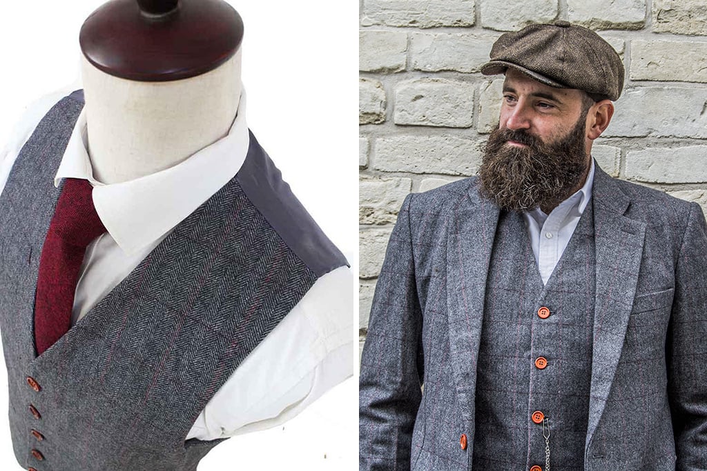 Shelby Brothers collection by Orange Fire 3-delig tweed pak Grey Herringbone Red Check Tweed