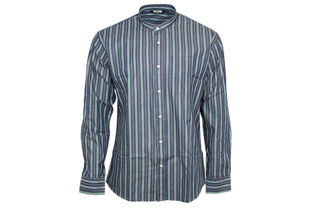 Relco London Blue Green Stripe Grandad Collar shirt