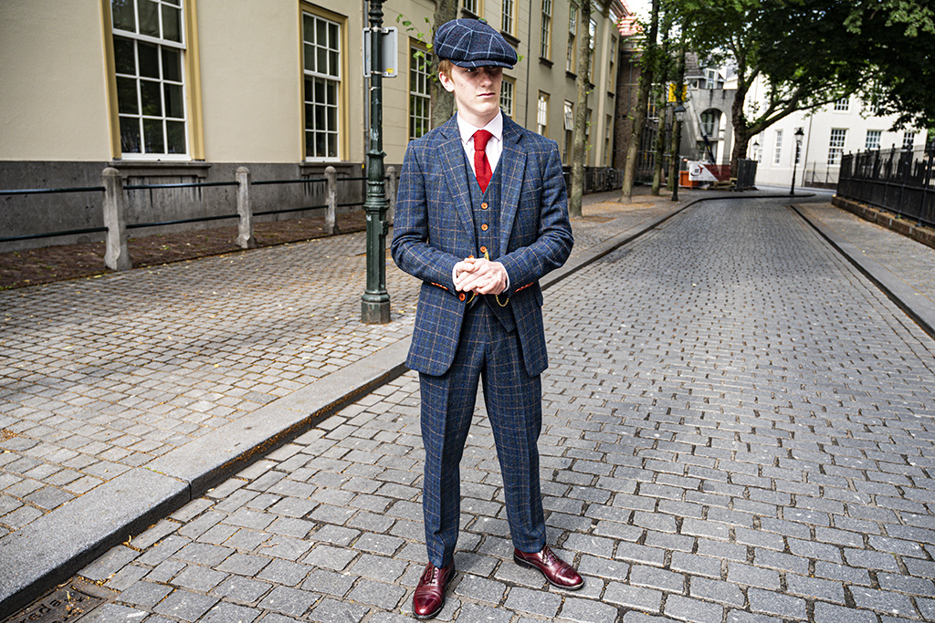 Shelby Brothers collection by Orange Fire 3-delig tweed pak Blue Beige Windowpane Tweed