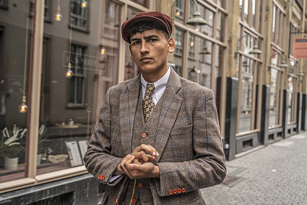 Shelby Brothers collection by Orange Fire 3-delig tweed pak Brown Beige Windowpane Tweed