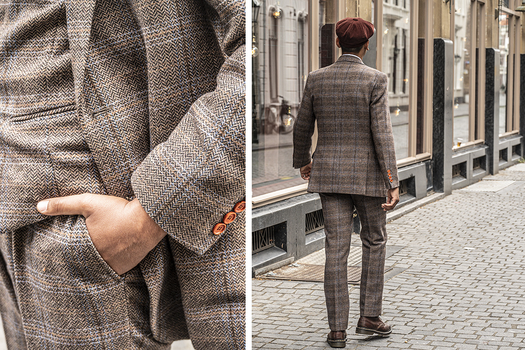 Shelby Brothers collection by Orange Fire 3-delig tweed pak Brown Beige Windowpane Tweed