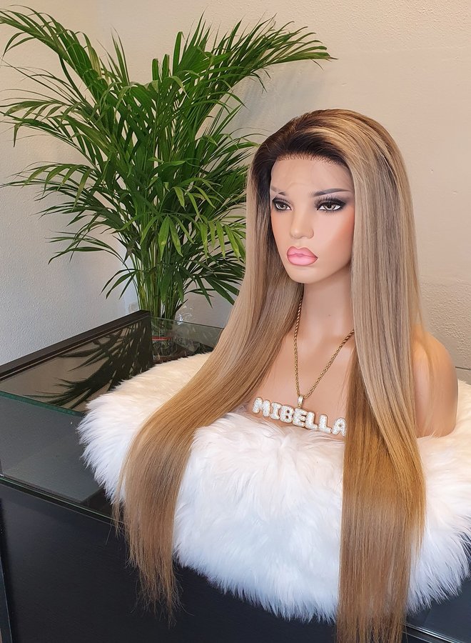 Honey Blonde - Frontal Wig Natural Straight 26" - Colored Raw Indian Hair