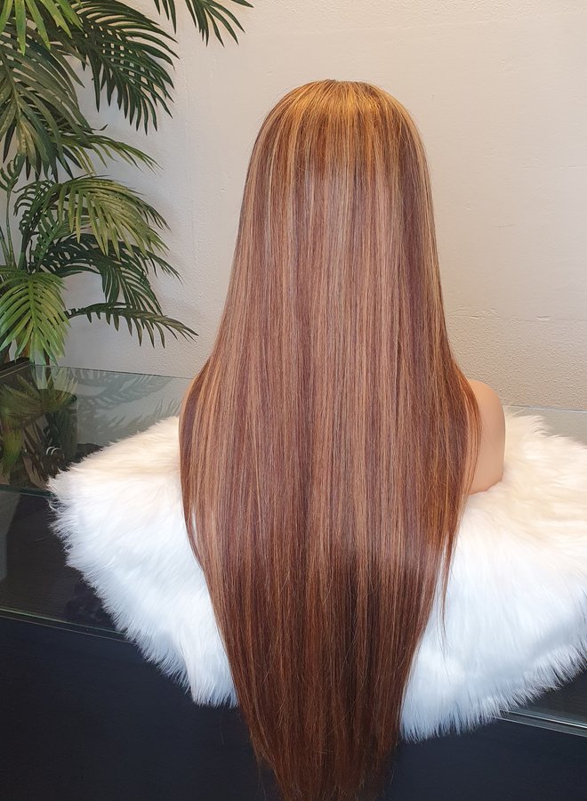 Front Lace Wig Natural Straight 26" - Remy Hair - Brown Blonde Higlights