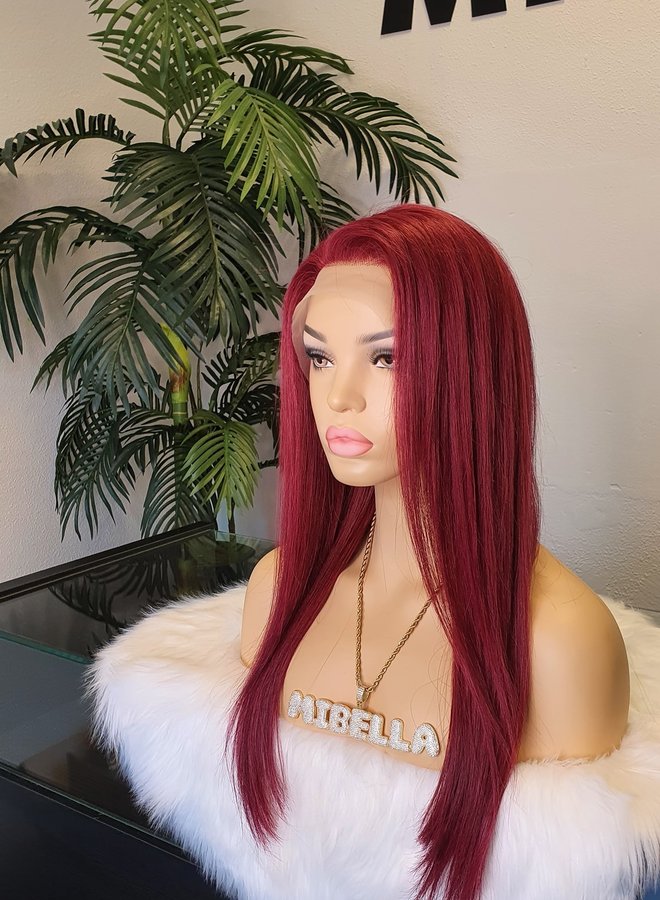 Frontal Wig Straight Remy Hair Red 18" Transparent Lace