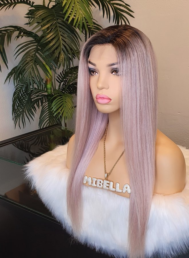 Frontal Wig Straight 22" Remy Hair Ombre Grey Transparent Lace