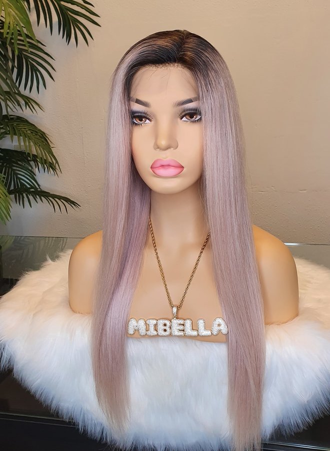 Frontal Wig Straight 22" Remy Hair Ombre Grey Transparent Lace
