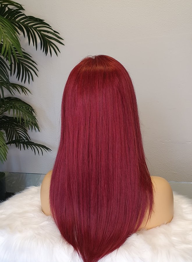 Frontal Wig Straight Remy Hair Red 16" Transparent Lace