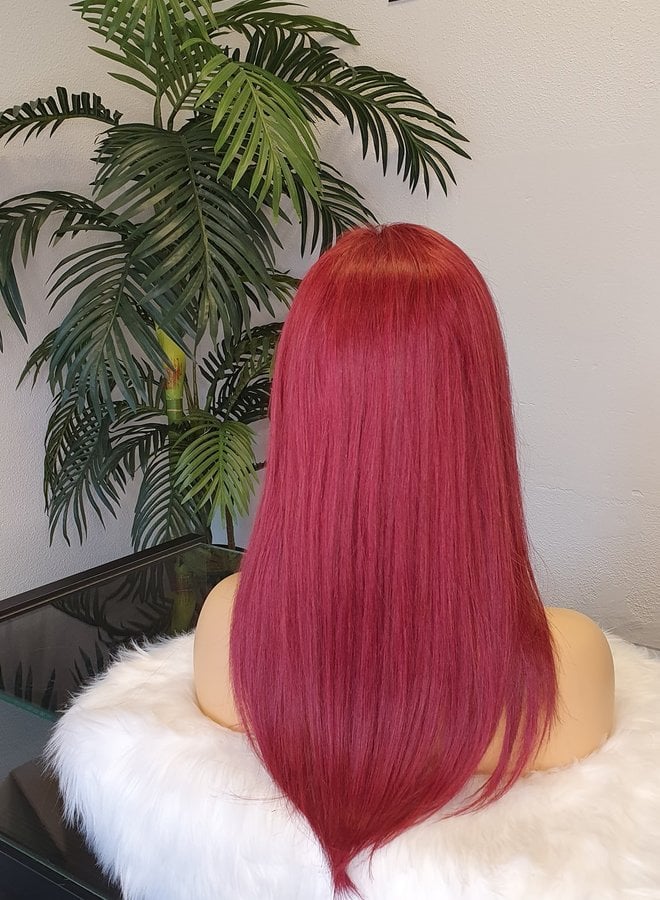 Frontal Wig Straight Remy Hair Red 16" Transparent Lace