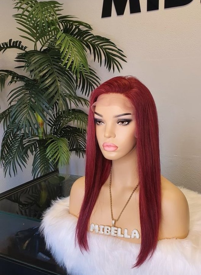 Frontal Wig Straight Remy Hair Red 16" Transparent Lace