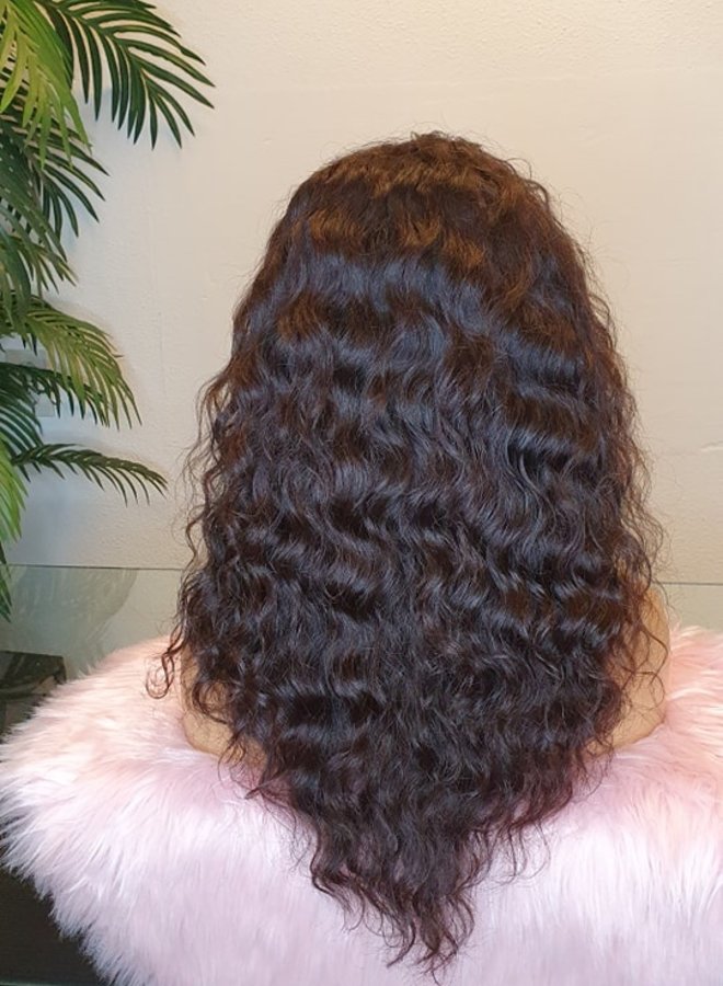 Cacao Oscuro - Frontal Wig Loose Curly 16" - Steamed Raw Indian Hair
