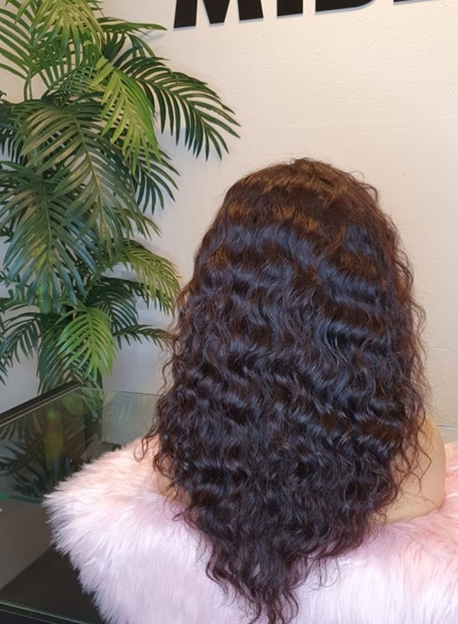 Cacao Oscuro - Frontal Wig Loose Curly 16" - Steamed Raw Indian Hair