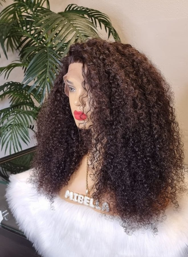 Mahogany Diva - Frontal wig 20" Steamed Raw Indian Kinky Curly - Capsize Medium - Korean Brown Lace