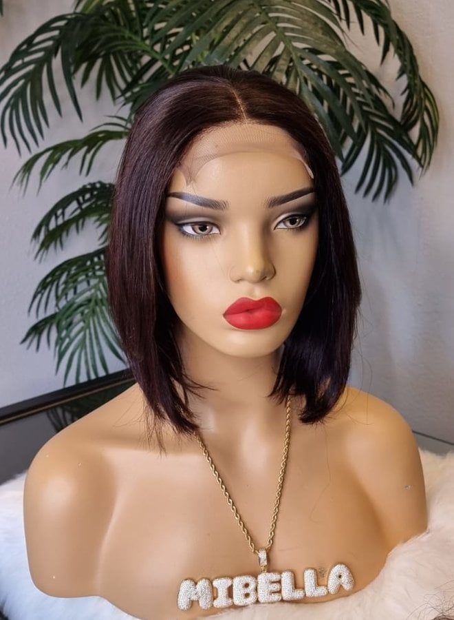 Deep Cherrywood - Closure Wig Natural Straight 8" - Mini Bob - Remy Hair