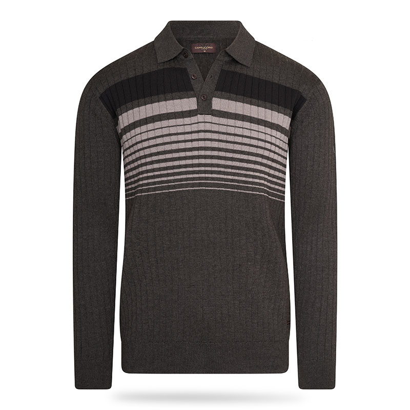 Gestreepte Knitted Longsleeve Polo - Maat M Kleur : Antraciet | Koopjedeal.nl - Altijd de beste deal