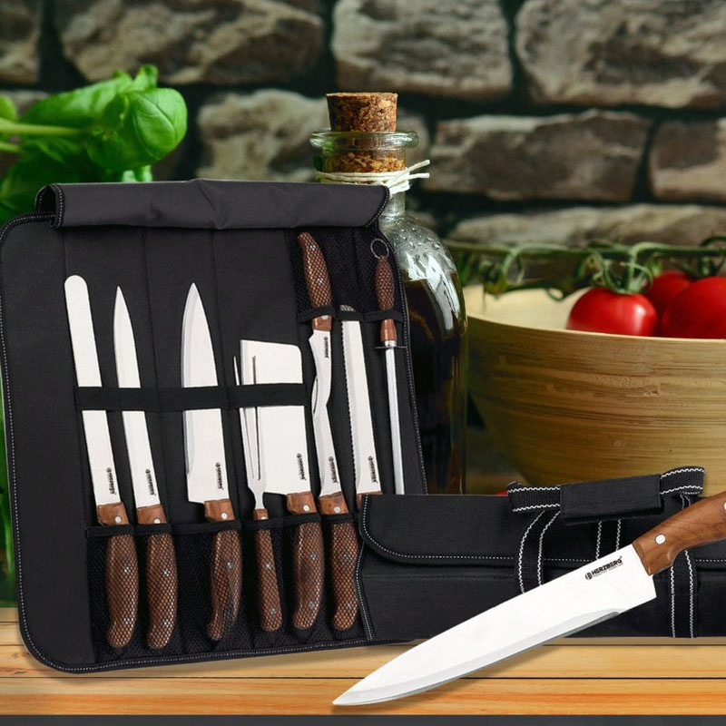 Herzberg HG-K9W: 9 Pieces Knife Set with Roll-up Carry Bag