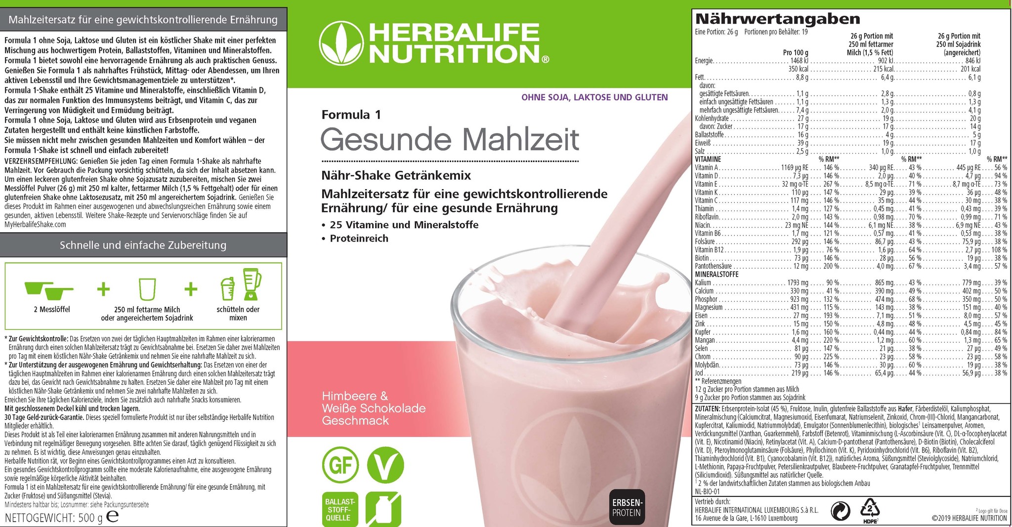 Herbalife Formula 1 Healthy Meal Raspberry & White Chocolate – Free From - with pea protein