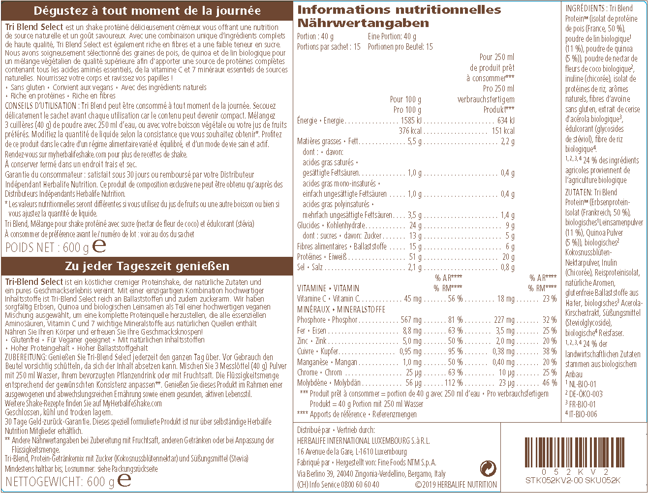 Herbalife Tri-Blend Select - Protein-Getränkemix Coffee Caramel 600 g– vegane Zutaten