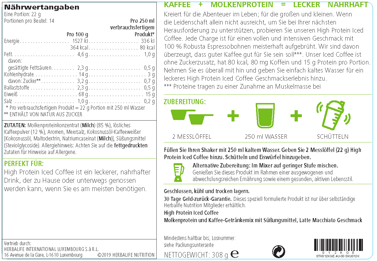 Herbalife High Protein Iced Coffee Latte Macchiato 308g Herbs4life 